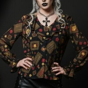 Vtg 90s Paris sport cherubs roses romantic art deco black ruffle blouse L NWOT